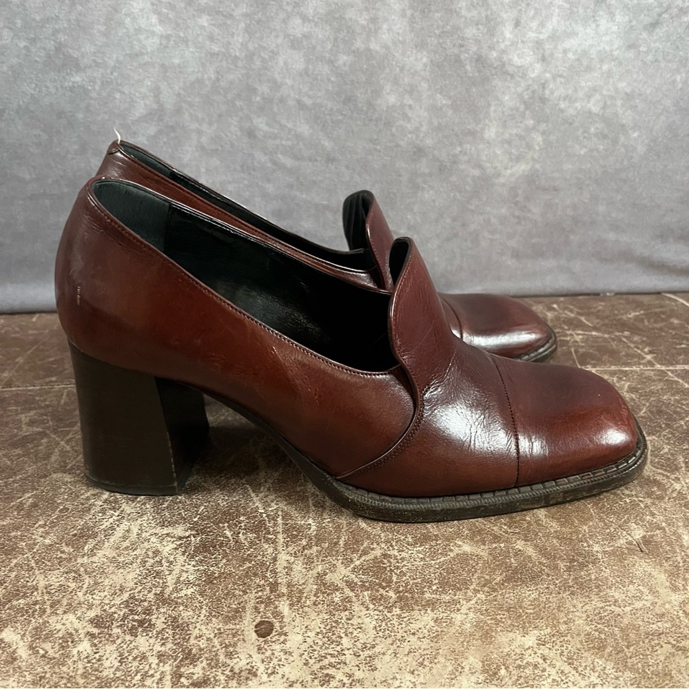 Vintage CHARLES‎ DAVID Brown Leather Block Heels Shoes Womens 37 Made In Italy - Picture 5 of 10